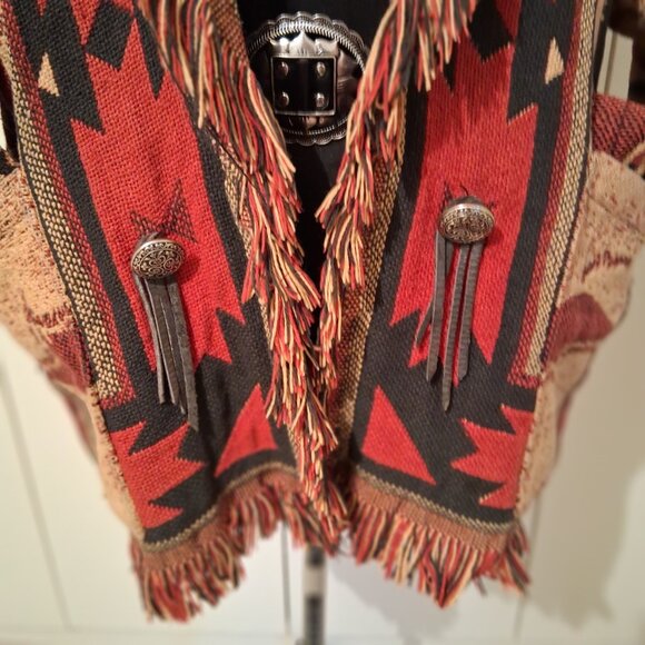 Vintage 90's Black Fringe Concho Jacket M/L - necklace and Rose Feather pin - Picture 6 of 10